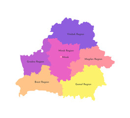 Vector isolated illustration of simplified administrative map of Belarus. Borders and names of the regions. Multi colored silhouettes