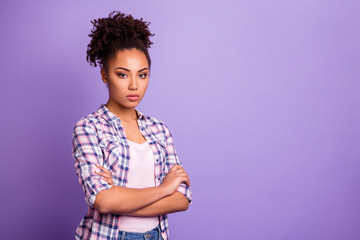 Profile side view portrait of her she nice-looking charming cute pretty attractive lovely serious candid wavy-haired girl in checked shirt isolated over violet purple pastel background