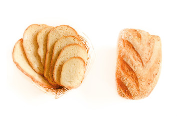 White bread and Sliced bread. Assortment of baked bread. Baked bread  isolated on white background, top view. Bakery, food concept. Top view with space for your text.