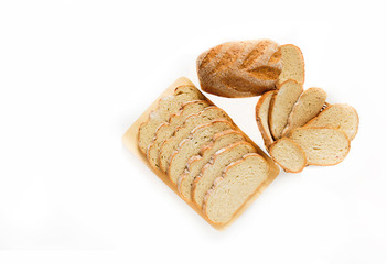  Bread for the background. Bread for breakfast. Sliced bread isolated on white background. Fresh Bread cutted slices close up. Bakery, food concept. Top view.