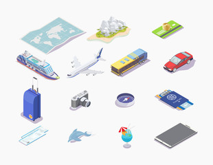 set of objects in isometrics vacation and travel. vector illustration