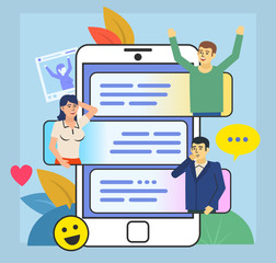 People chat, talk in messenger. Communicate by phone. Poster for social media, web page, banner, presentation. Flat design vector illustration