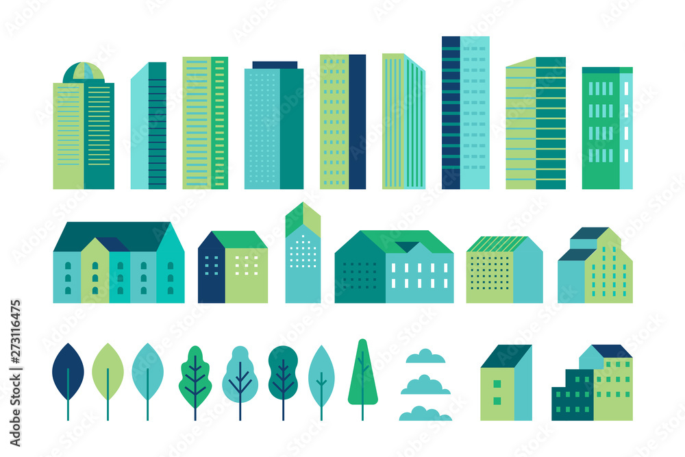 Poster Vector set of illustration in simple minimal geometric flat style - city landscape elements - buildings and trees - city constructor for background for header images for websites, banners, covers