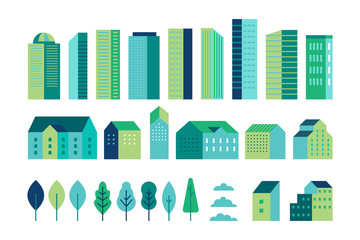Vector set of illustration in simple minimal geometric flat style - city landscape elements - buildings and trees - city constructor for background for header images for websites, banners, covers
