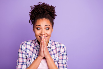 Close up photo of content funny funky millennial make religion gesture spiritual plead want wait...