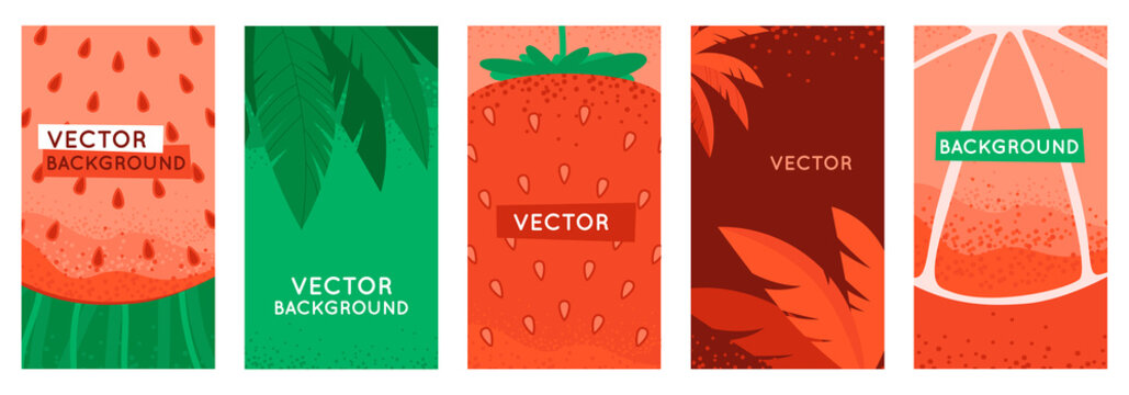 Vector set of social media stories design templates, backgrounds with copy space for text - summer backgrounds with fruits and leaves