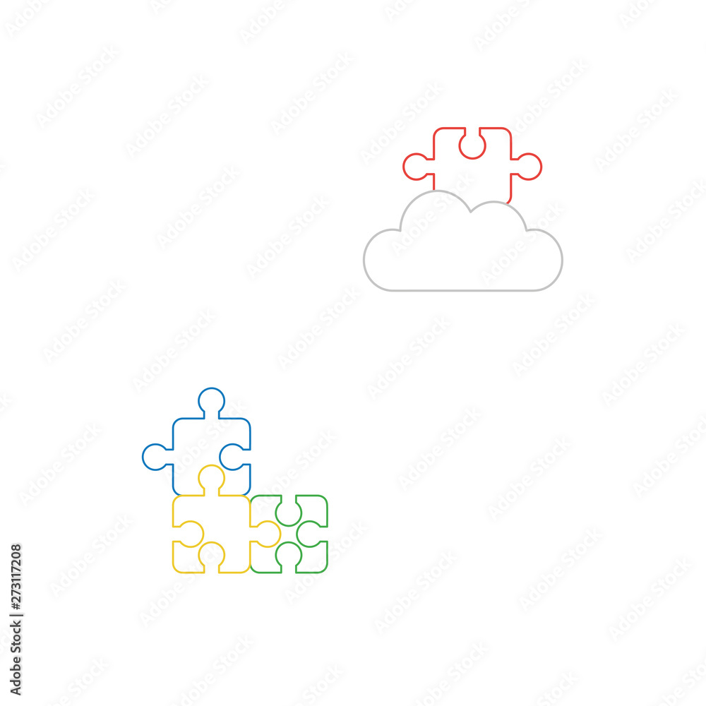 Poster vector icon concept of three puzzle pieces connected and missing puzzle piece on cloud.