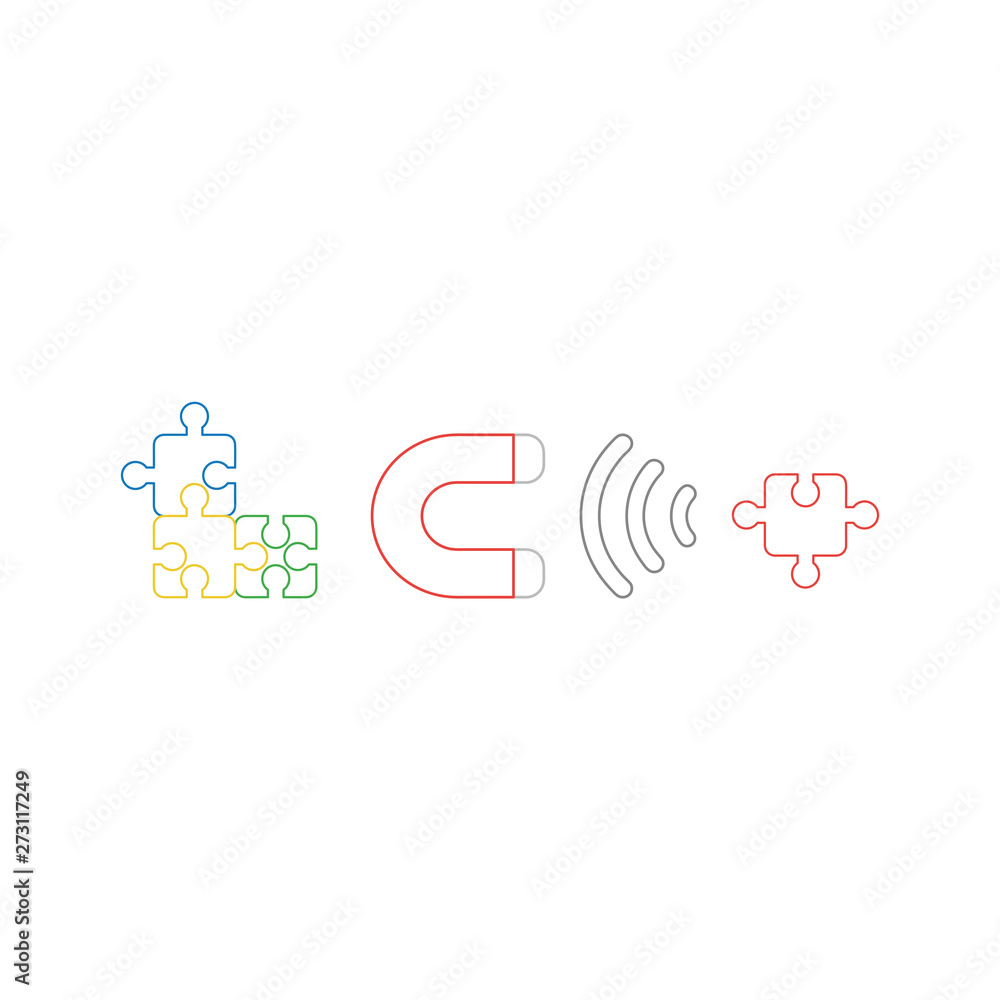 Poster vector icon concept of three puzzle pieces connected and magnet attracting missing puzzle piece.