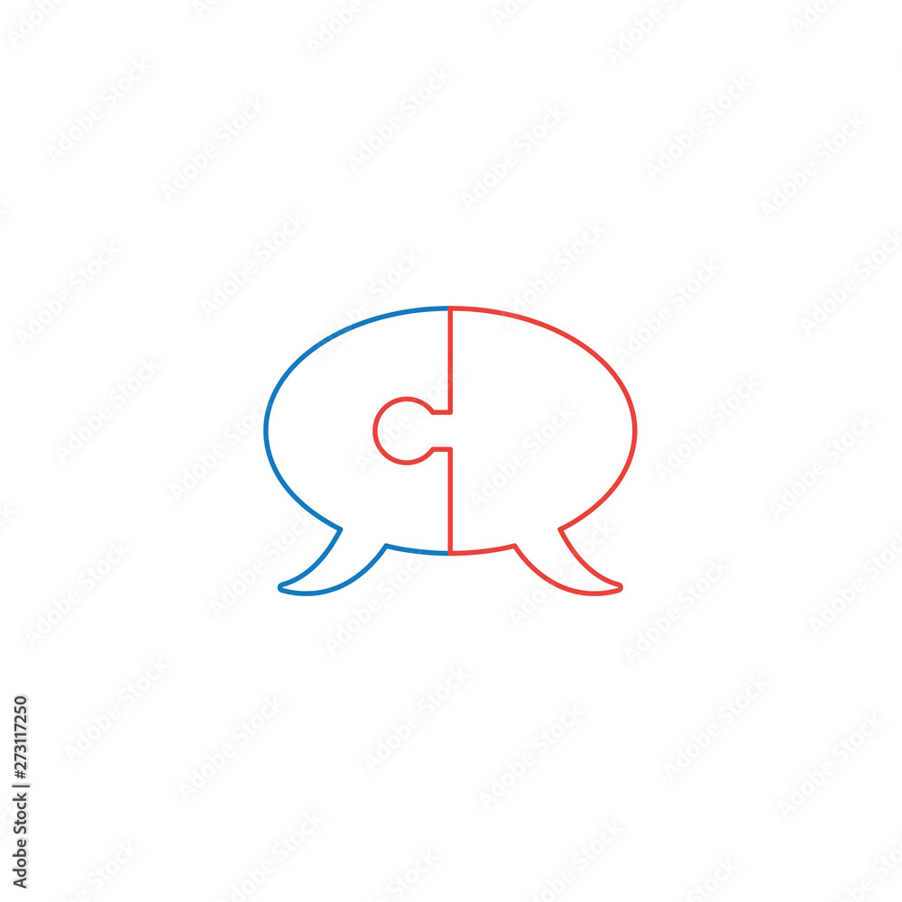Poster vector icon concept of two part puzzle pieces speech bubbles connected.