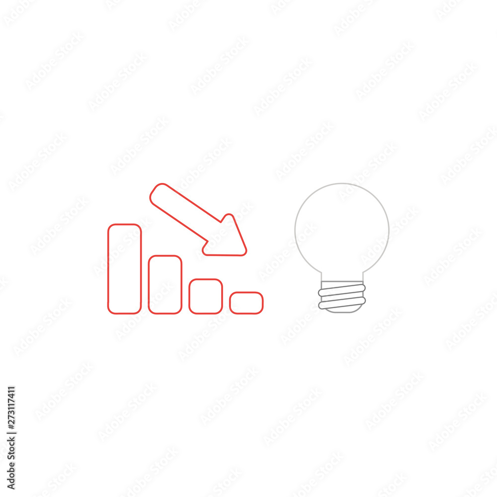 Poster vector icon concept of sales bar chart with arrow pointing down and light bulb symbolizes bad idea.