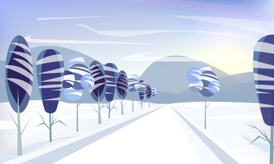 Winter snowy Mountains landscape with road, trees and hills.