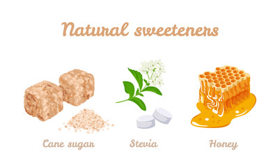 Natural sweeteners set. Vector stock illustration of honey, stevia plants and pills. Brown cane sugar cubes and sugar pile isolated on white background. Cartoon flat simple style. - obrazy, fototapety, plakaty