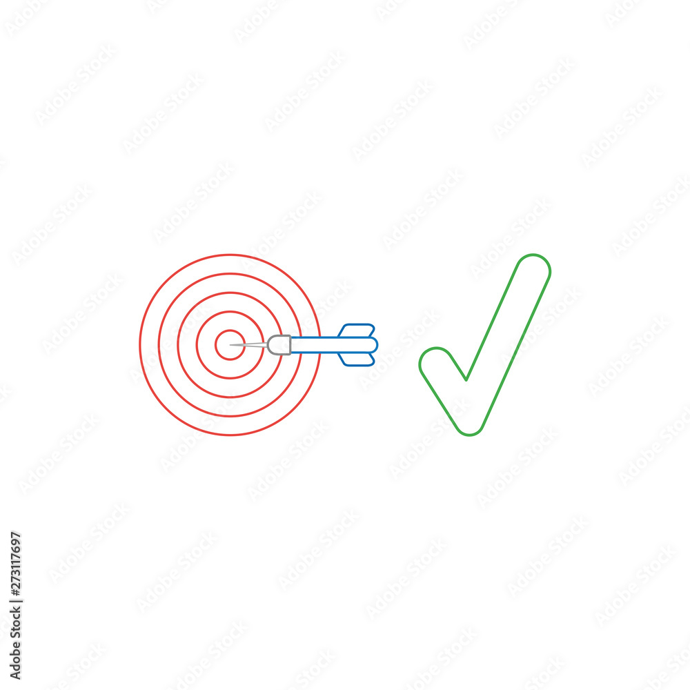 Poster vector icon concept of bulls eye with dart in the center with check mark symbolizes success.