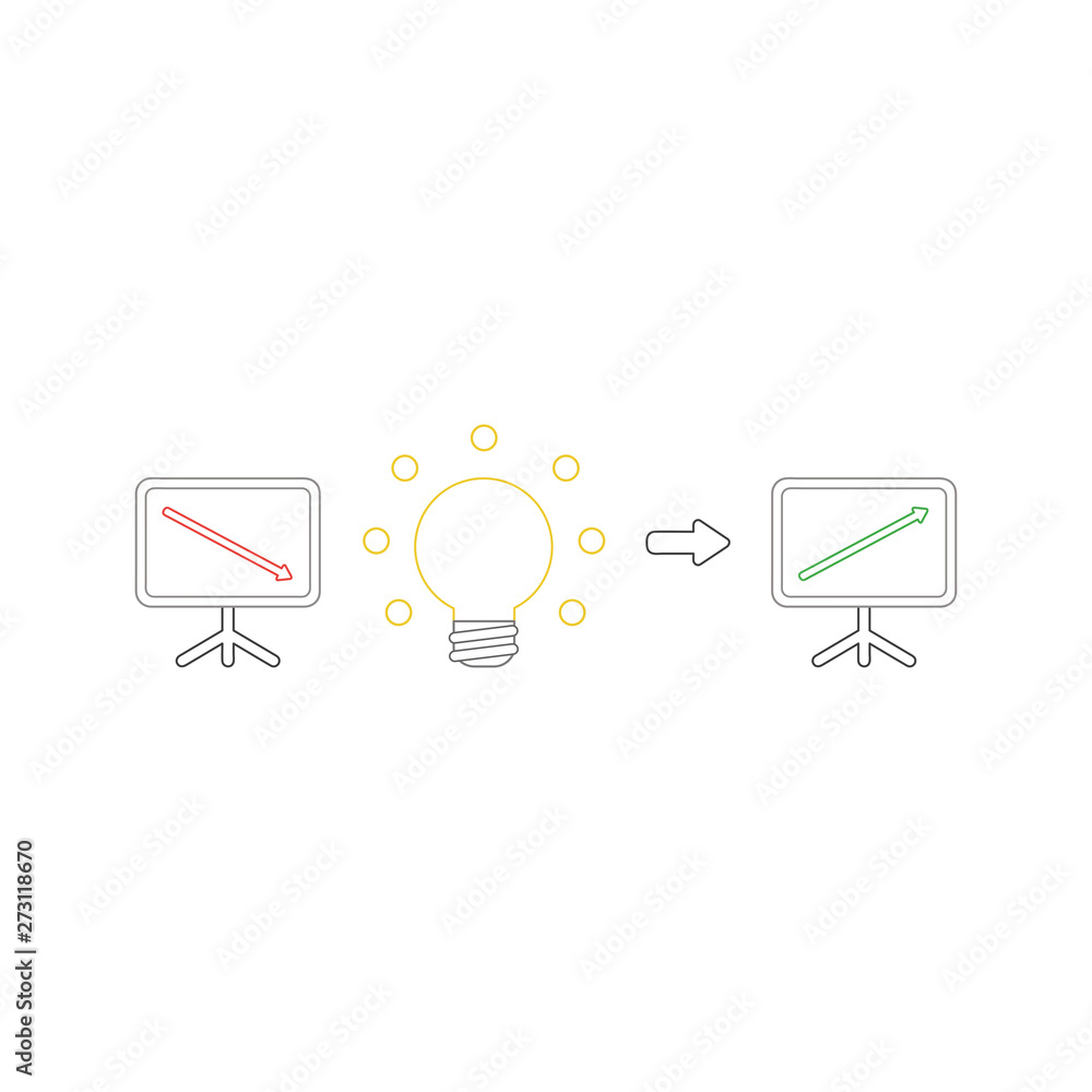 Poster vector icon concept of sales chart with arrow moving down with good idea light bulb and arrow moving