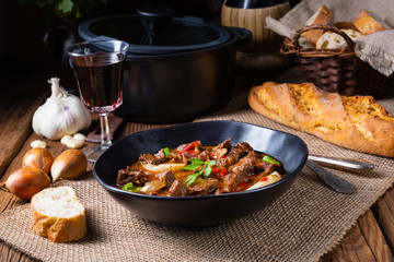 classic beef goulash with peppers and onions