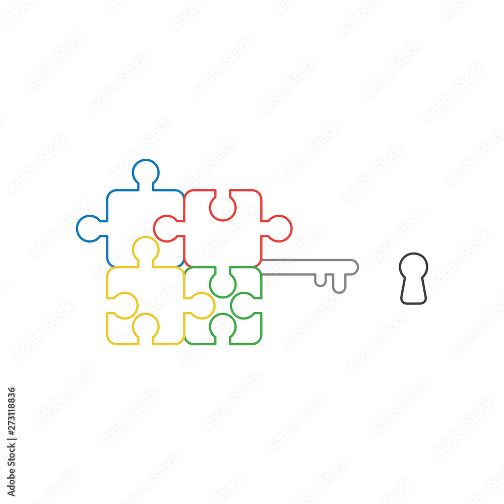 Poster vector icon concept of four part connected jigsaw puzzle pieces key and keyhole.