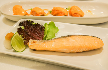 grilled salmon set in Japanese restaurant for lunch