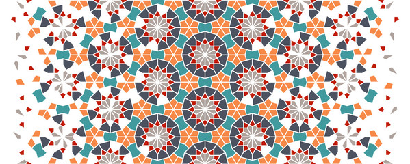 Islamic geometric vector seamless pattern. Geometric halftone texture with color tile disintegration or breaking