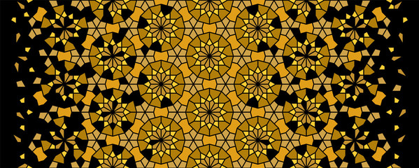 Arabesque islamic gold and black vector seamless pattern. Geometric halftone texture with color tile disintegration or breaking