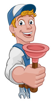 Plumber or handyman cartoon mascot holding a plumbing drain or toilet plunger. Peeking around a sign