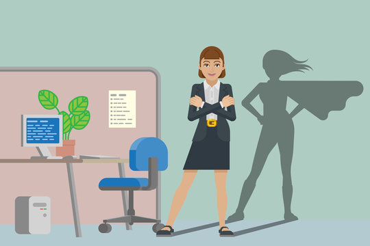 A business woman in her office revealed as super hero by her superhero silhouette shadow