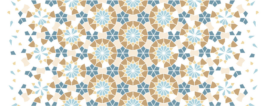 Islamic mosaic vector seamless pattern. Geometric halftone texture with color tile disintegration or breaking