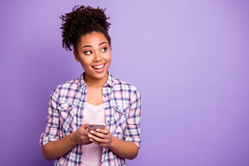 Portrait cute interested inspired hipster smm use device search information read blog blogger...