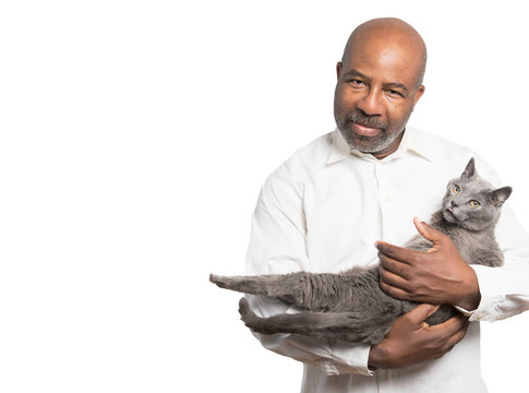 Portrait Of A Bearded Bold African American Man Holding A Grey Cat With Yellow Eyes On White Background With Copy-space Area.