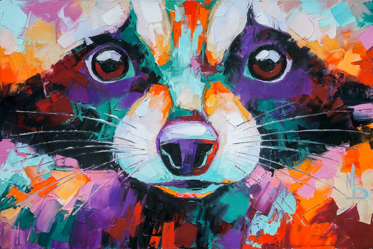 Oil raccoon portrait painting in multicolored tones. Conceptual abstract painting of a raccoon muzzle. Closeup of a painting by oil and palette knife on canvas. © Mari Dein