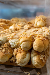 Close up of tasty bread with dried meat floss topping