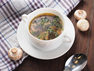 Mushroom soup in white ceramic bowl