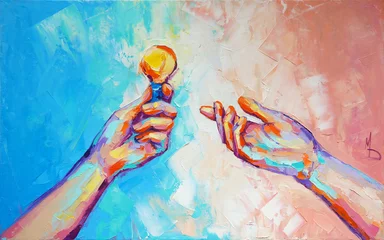 „Hände“ - Ölgemälde. Konzeptionelle abstrakte Handmalerei. Das Bild zeigt eine Metapher für Teamarbeit. Konzeptionelle abstrakte Nahaufnahme eines Ölgemäldes und Spachtel auf Leinwand. © Mari Dein