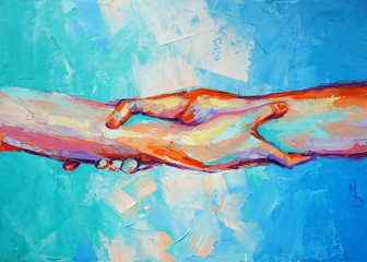 “Hands” - oil painting. Conceptual abstract hand painting. The picture depicts a metaphor for teamwork. Conceptual abstract closeup of an oil painting and palette knife on canvas. - obrazy, fototapety, plakaty