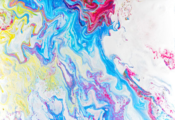 Fluid art painting abstract texture, blue, white, pink, red and yellow.