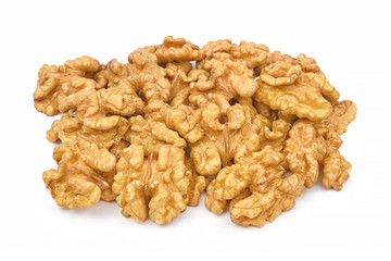 Walnuts isolated on white background. Pile of walnuts without shell closeup for your design and print. Nuts collection