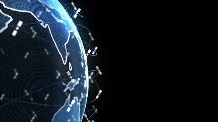 wireless internet data wifi connectivity by a global system of telecommunication satellites in render concept animation on black background 3d rendering in 4K