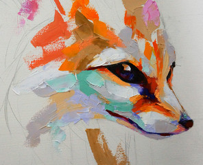Oil fox portrait painting in multicolored tones. Conceptual abstract painting of a fennec muzzle. Closeup of a painting by oil and palette knife on canvas.