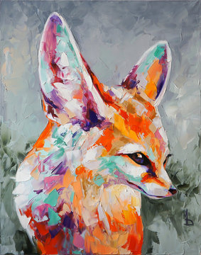 Oil fox portrait painting in multicolored tones. Conceptual abstract painting of a fennec muzzle. Closeup of a painting by oil and palette knife on canvas. © Mari Dein
