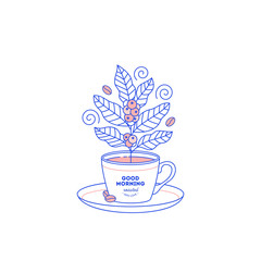 Cup with coffee plant. Flat graphic. Cafe design template. Vector illustration