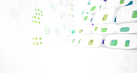 Abstract white and colored gradient glasses interior multilevel public space with window. 3D illustration and rendering.