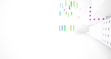 Abstract white and colored gradient glasses interior multilevel public space with window. 3D illustration and rendering.