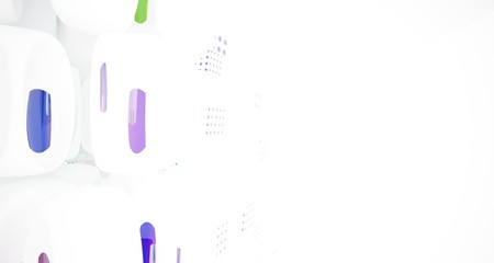 Abstract white and colored gradient glasses interior multilevel public space with window. 3D illustration and rendering.