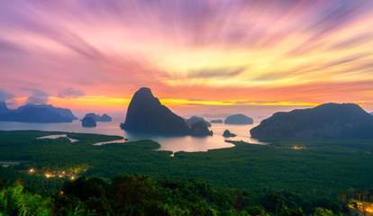 Attractions in Phang Nga Province.And There is a sandy sea.See the beauty of the morning. sunrise time at Samed Nang Chee mountain view point in Phang Nga Province. Thailand,UNSEEN Thailand. - obrazy, fototapety, plakaty