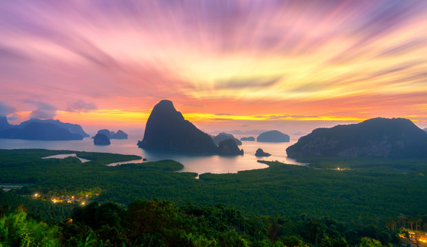 Attractions in Phang Nga Province.And There is a sandy sea.See the beauty of the morning. sunrise time at Samed Nang Chee mountain view point in Phang Nga Province. Thailand,UNSEEN Thailand.