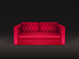 Soft and comfortable, classic design sofa with red leather or fabric upholstery 3d realistic vector object isolated on black background. Modern dwelling interior design element, furniture illustration