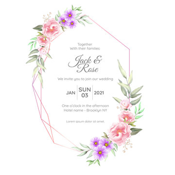 Floral Frame. Watercolor Invitation Design Concept with Peonies Flower and Wild Leaves Round Shape. Floral Wreath for Wedding or Greeting Card