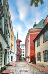 Fototapeta na wymiar Medieval district in old city of Riga, Latvia