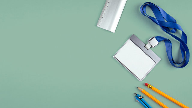 White Empty Staff Identity Mockup. Name Tag, ID Card. Minimal Work Space, Flat Lay Photo Of Workspace Desk