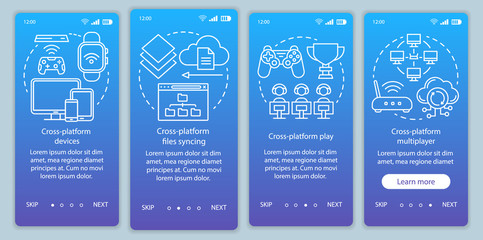 Fototapeta premium Cross platform connection onboarding mobile app page screen vector template