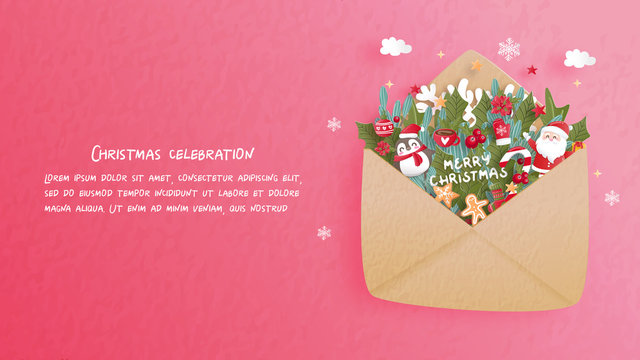 Christmas celebrations with cute Santa for Christmas card in paper cut style. Vector illustration